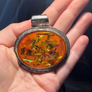 Handmade Orange Iridescent Oval Pendant Necklace